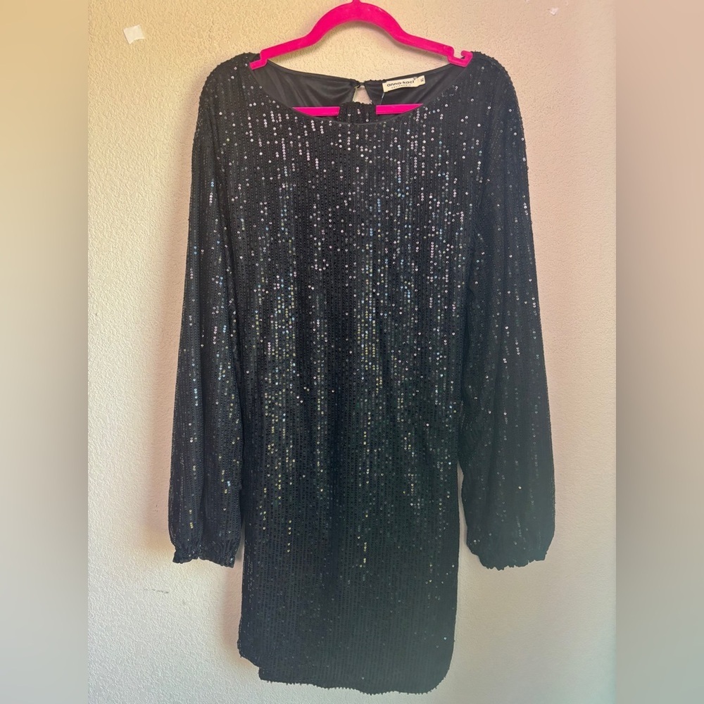 NWT Anna-Kaci Black Sequin Belted Crew Neck Long Sleeve Mini Party Dress XL - Picture 4 of 12
